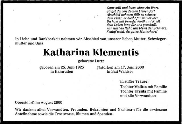 Lurtz Katharina 1925-2000 Todesanzeige